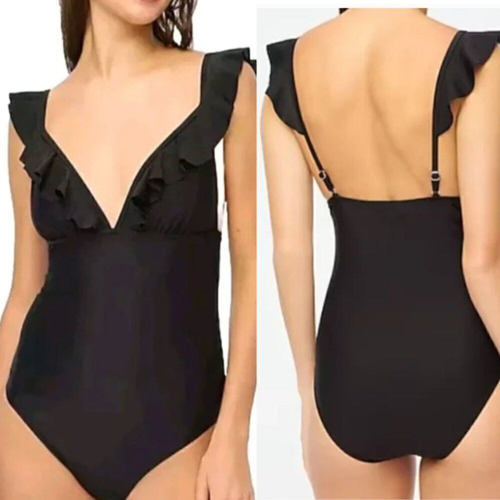 J. Crew Black One Piece Ruffle Shoulder V - neck Swimsuit Size Small NWT
